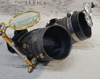 Aged Brown/German Silver Steampunk Engineer Goggles With Large Magnifying Loupe and Double Loupes