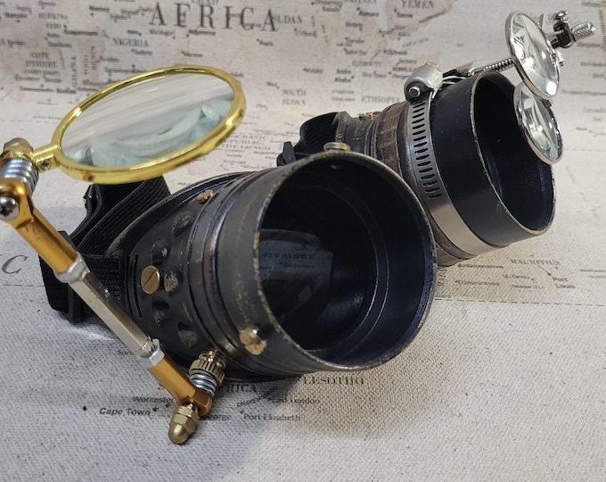 Aged Brown/German Silver Steampunk Engineer Goggles With Large Magnifying Loupe and Double Loupes