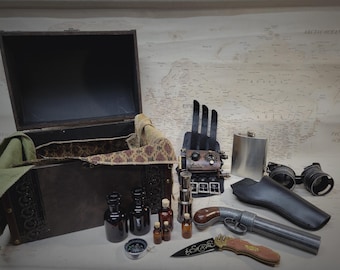 Steampunk Vortex Manipulator Travelers Kit with Large Decorative Brown Wooden Storage Box and Embossed Black Leather Strap Ready to Ship