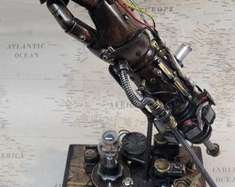 Steampunk Battle Damaged Robotic Aether Powered Android Left Hand Relic W/Tabletop Display