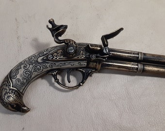 Right Handed Steampunk Style 18th Century Aged French 2x Eagle Head Non-Firing Antique Reproduction Flintlock