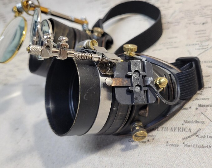 Aged Brown/German Silver Steampunk Engineer Goggles With Large Magnifying Loupe and Double Loupes