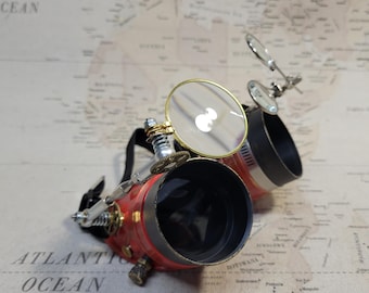 Aged Red/Gold Steampunk Engineer Goggles With a Large Magnifying Loupe and Double Loupes