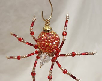 Steampunk Beaded Red and Gold Opalescent Be-Jeweled Spider