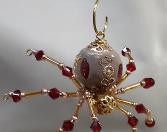 Christmas Ceramic Bead/ Caramel Spider w/ Red Glass Faceted Leg Beads