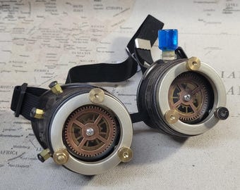 Steampunk Brown Engineer Goggles With Geared Lenses and Ether Bottle