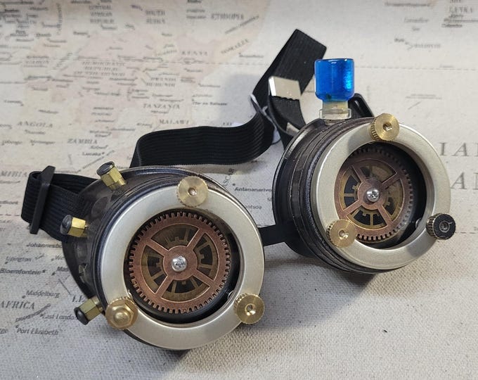 Steampunk Brown Engineer Goggles With Geared Lenses and Ether Bottle