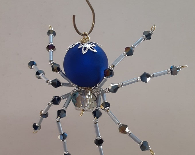 Metallic Steampunk/Christmas Beaded Blue Spider