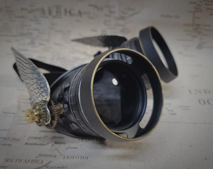 Steampunk Winged Black and Silver Valkyrie Goggles with Aluminum Extension Rings