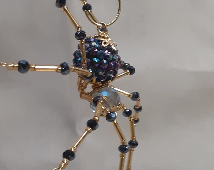 Steampunk/Christmas Opalescent Blue Jewel Encrusted Dew Drop Spider