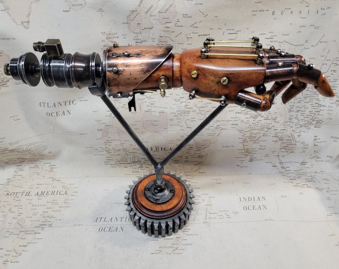 Steampunk Battle Damaged Robotic Wooden Android Hand Relic W/Table Top Display Left Hand