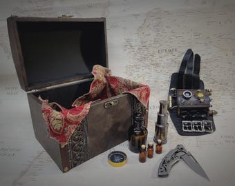 Steampunk Vortex Manipulator Travelers Kit with Medium Decorative Brown Wooden Storage Box and Embossed Black Leather Strap Ready to Ship