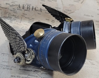 Steampunk Style Blue/Silver Valkyrie Winged Goggles