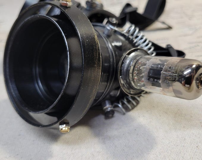 Aged Black Steampunk Engineer Goggles With Double Extension Rings and a Vacuum Tube