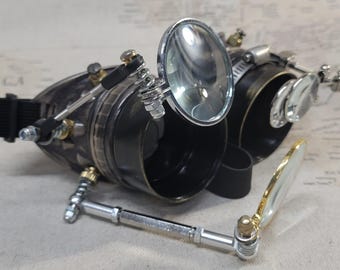Aged Brown/German Silver Steampunk Engineer Goggles With a 2 Large Magnifying Loupes and Double Loupes