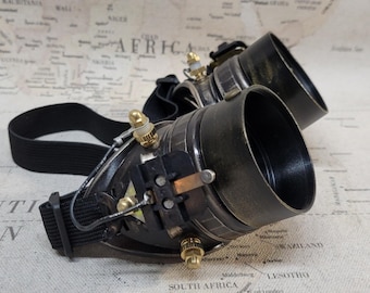 Aged Brown/Gold Steampunk Engineer Goggles With Black Extension Rings