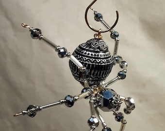 Christmas Silver and Black Beaded Spider