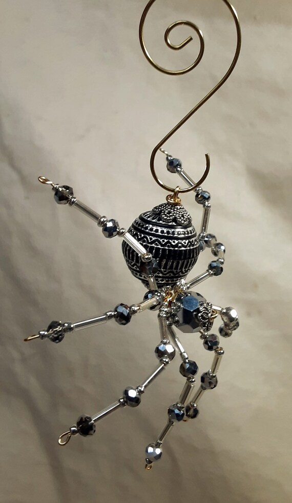 Christmas Silver and Black Beaded Spider