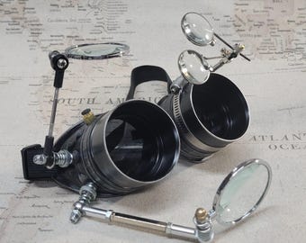 Aged Black/Silver Steampunk Engineer Goggles With a 2 Large Magnifying Loupes and Double Loupes