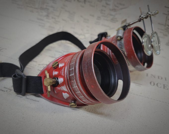 Steampunk Red/Aged Silver Engineer Goggles with Double 7.5x Magnifying Loupes