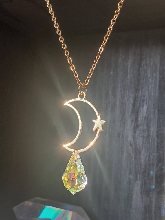 Gold Crescent Moon and Star Necklace 