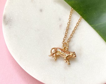 Gold tiger necklace, Animal lover jewelry, Dainty gold plated chain, Small tiger pendant necklace, Cute birthday gift from mom to daughter