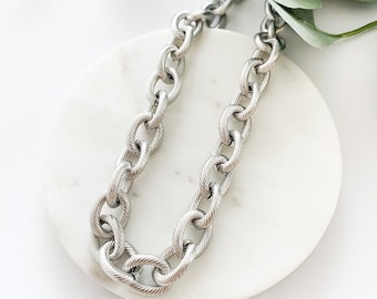 Chunky chain necklace silver, Heavy large link necklace, Tarnish free silver choker, Bold stainless steel metal, Trendy statement jewelry
