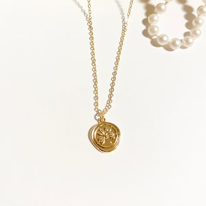 Naszyjnik z czterolistną koniczyną Mały amulet na szczęście z rośliną Delikatny naszyjnik z koniczyną Złoty naszyjnik z monetą dla kobiet Biżuteria dla miłośników natury