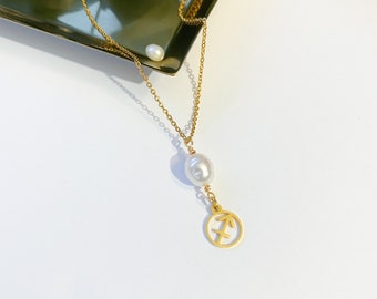 Gold Sagittarius necklace for women, Tarnish free & waterproof Sagittarius pendant necklace with freshwater pearl, Small round archer charm