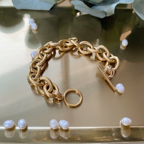 12mm Chunky gold bracelet No tarnish & waterproof from stainless steel Large chain bracelet with toggle clasp Heavy metal link for women