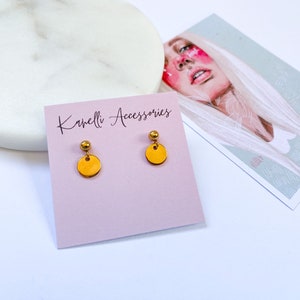 Dangle stud earrings, Tarnish free & waterproof stainless steel studs, Gold coin earrings, Small disc earrings, Tiny hanging round pendant