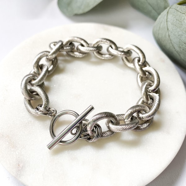 11mm Toggle bracelet stainless steel Chunky silver bracelet Statement tarnish free chain bracelet Heavy large link unisex jewelry Bold metal