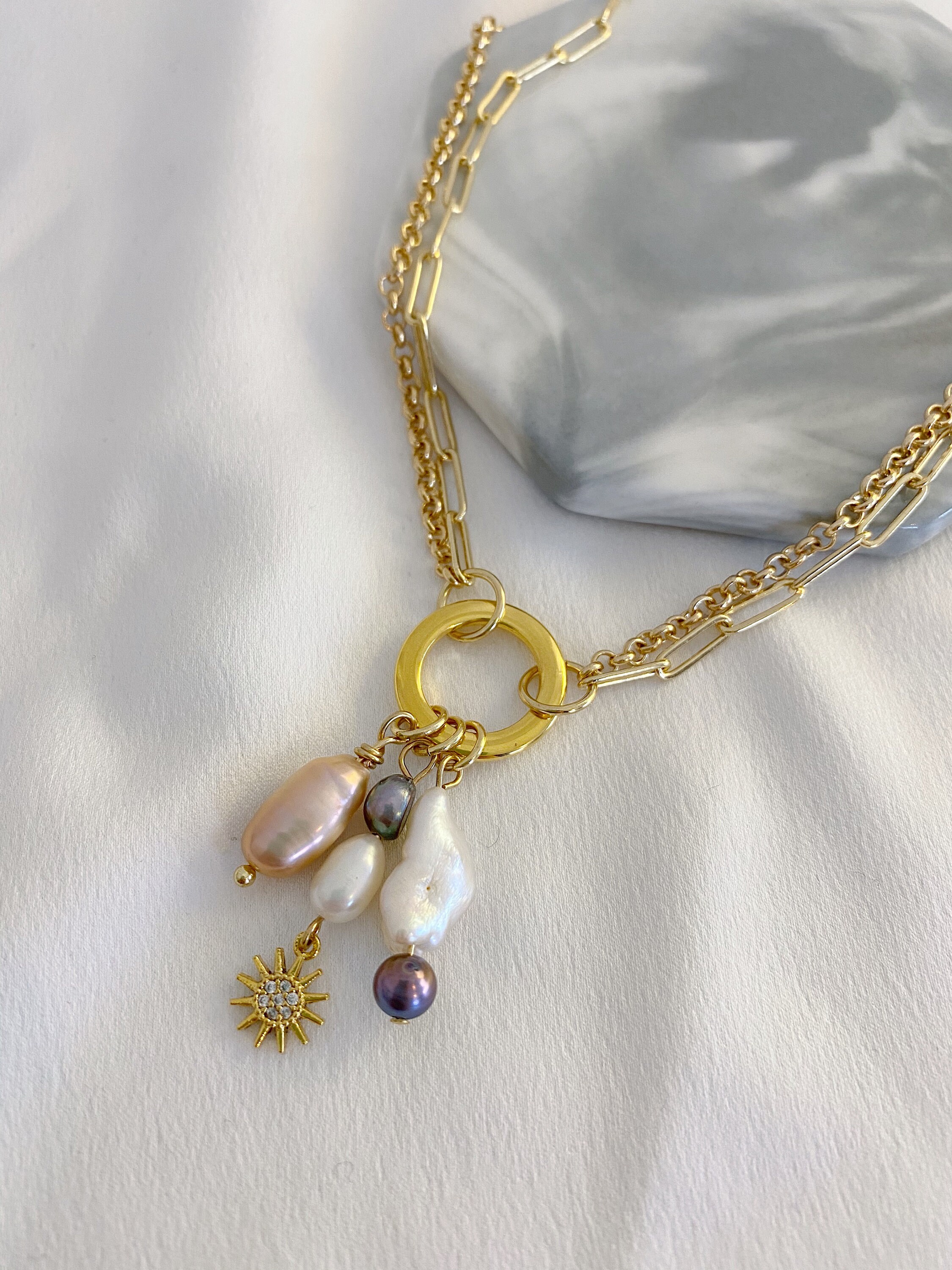 Multi charm necklace Double chain necklace with freshwater Etsy