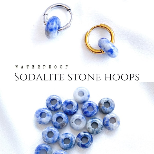 Sodalite donut earrings Hoop earring with stone Small dangle pendant Simple huggie hoops gold or silver Waterproof hypoallergenic jewelry