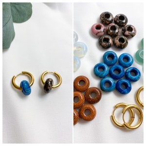Donut hoop earrings with stone 25mm, Big dangle pendant colorful, Chunky donut hoops gold, Tarnish free hypoallergenic jewelry, Thick add on