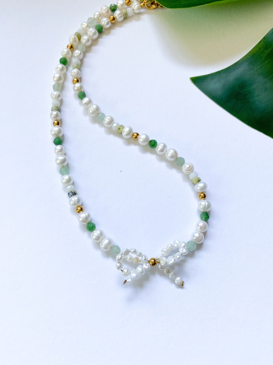 Mixed Bead Pearl Bow Necklace 42cm, Unique Handmade Gemstone Mixed Bead Pearl Bow Necklace 42cm, Unique Handmade Gemstone