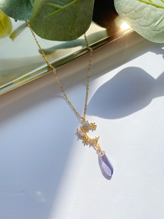 Dainty Moon Necklace. Gold Plated Chain. Crystal Moon Pendant Etsy
