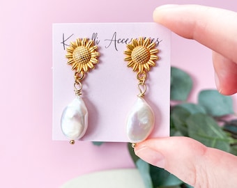 Boucles d'oreilles baroques en perles, pendants d'oreilles en perles avec clous floraux, boucles d'oreilles en perles d'eau douce blanches et pierres précieuses Boucles d'oreilles pendantes élégantes perles de Keshi