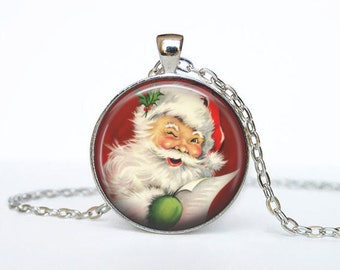 Christmas Jewelry Santa Claus Necklace Santa/'s Sleigh Reindeer Art Pendant in Bronze or Silver with Link Chain Included