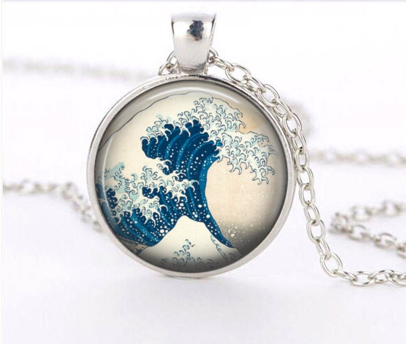 Great Wave Off Kanagawa Necklace Jewelry Art Pendant in SILVER BEZEL with Link Chain Included Cosmo14
