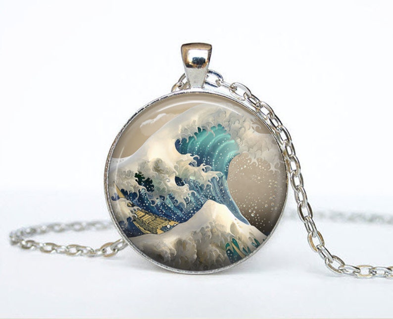 Great Wave Off Kanagawa Necklace Jewelry Art Pendant in SILVER BEZEL with Link Chain Included Cosmo14