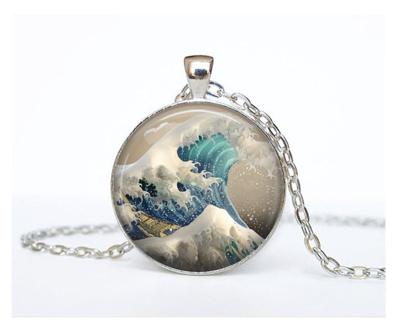 Great Wave Off Kanagawa Necklace Jewelry Art Pendant in SILVER BEZEL with Link Chain Included Cosmo14