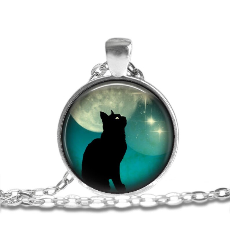 Necklace Jewelry Art Pendant in SILVER BEZEL with Link Chain Included Cosmo257 Black Cat on Teal Moonlit Skies