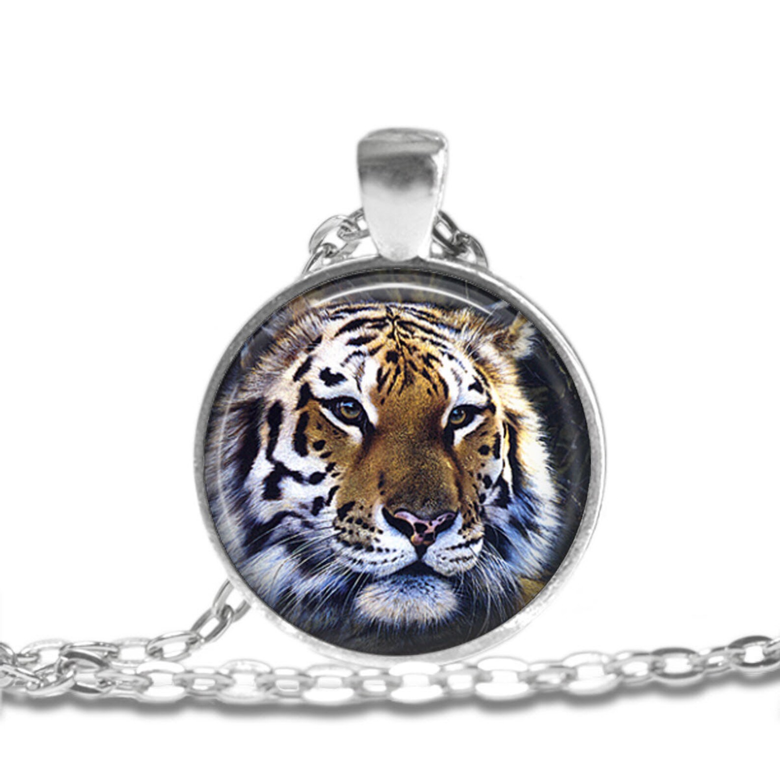 TIGER Necklace Jewelry Art Pendant in SILVER BEZEL with Link Etsy