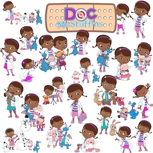 Pode incluir: Uma coleção de ilustrações de desenhos animados com a personagem Doutora Brinquedos. As imagens mostram a Doutora com um jaleco branco com detalhes em rosa, muitas vezes com animais de brinquedo e o texto "DOC McStuffins" num penso.