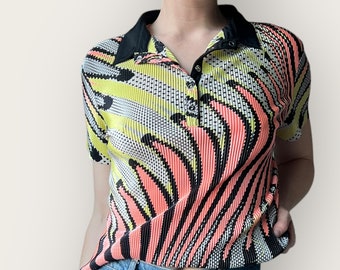 Neon Pleated Collared Shirt Size L Y2K