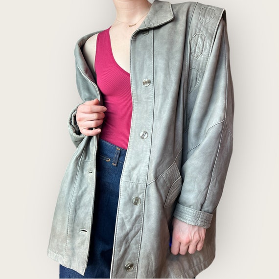 80s Grey Oversized Leather Jacket/Coat  Size L - image 2