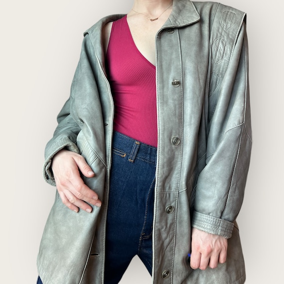 80s Grey Oversized Leather Jacket/Coat  Size L - image 1