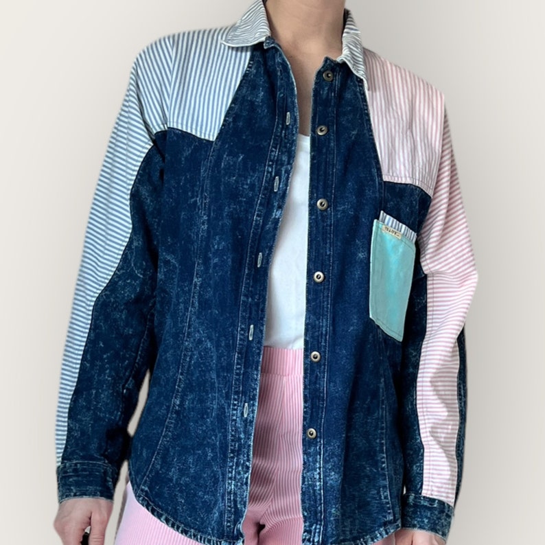 1980s Vintage Striped Denim Shirt. Size L image 3