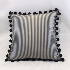 On sale, Silk charcoal/ grey striped cushion with black cotton bubble fringe